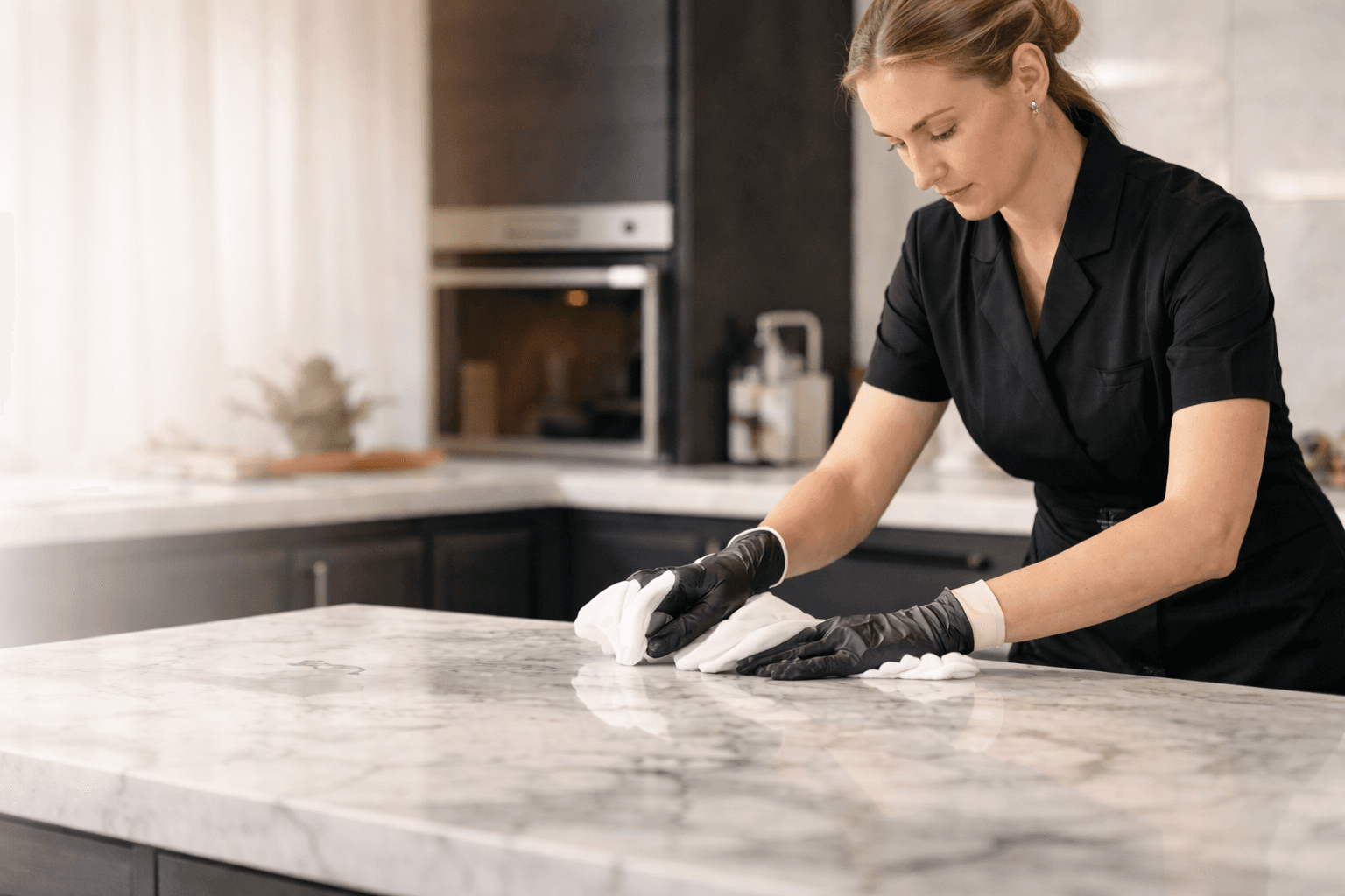 Professional cleaner working in a luxury kitchen
